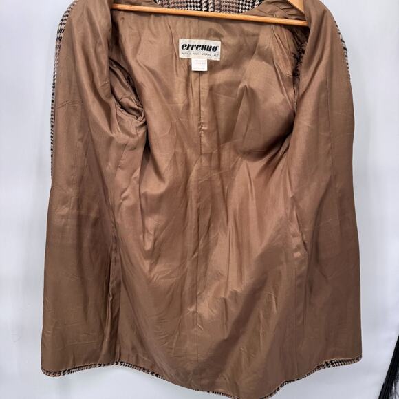 Vintage 80s Erreuno Long Blazer Jacket Womens 42 Brown Plaid Wool Lined Pockets - Picture 10 of 11